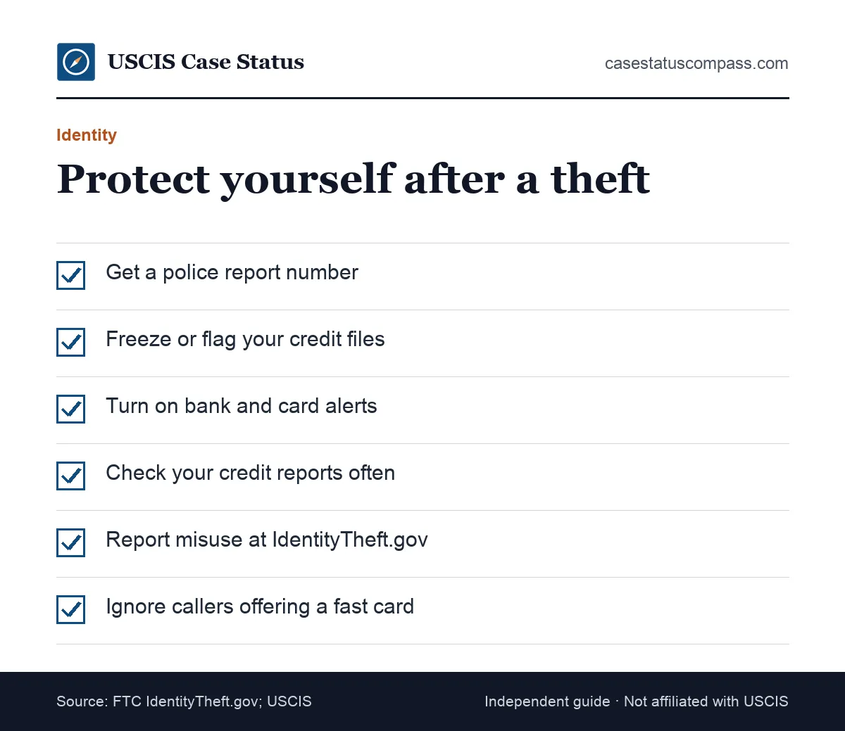 Checklist for protecting your identity after a stolen or lost green card, including a credit freeze, account alerts and a police report