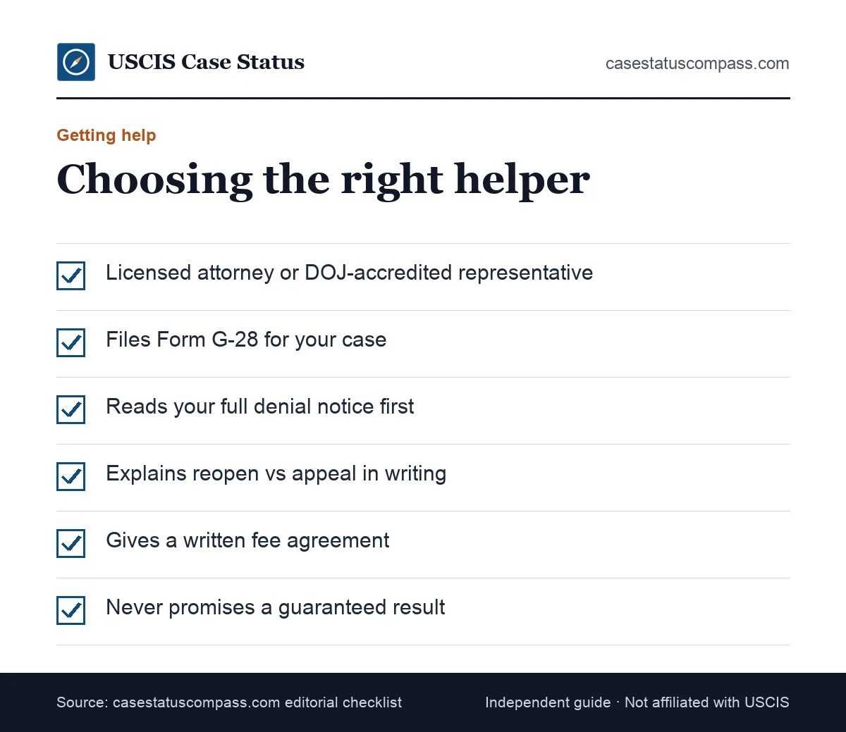 Checklist for choosing help with an immigration appeal or motion to reopen: licensed attorney or DOJ-accredited representative, signed G-28, written fee terms