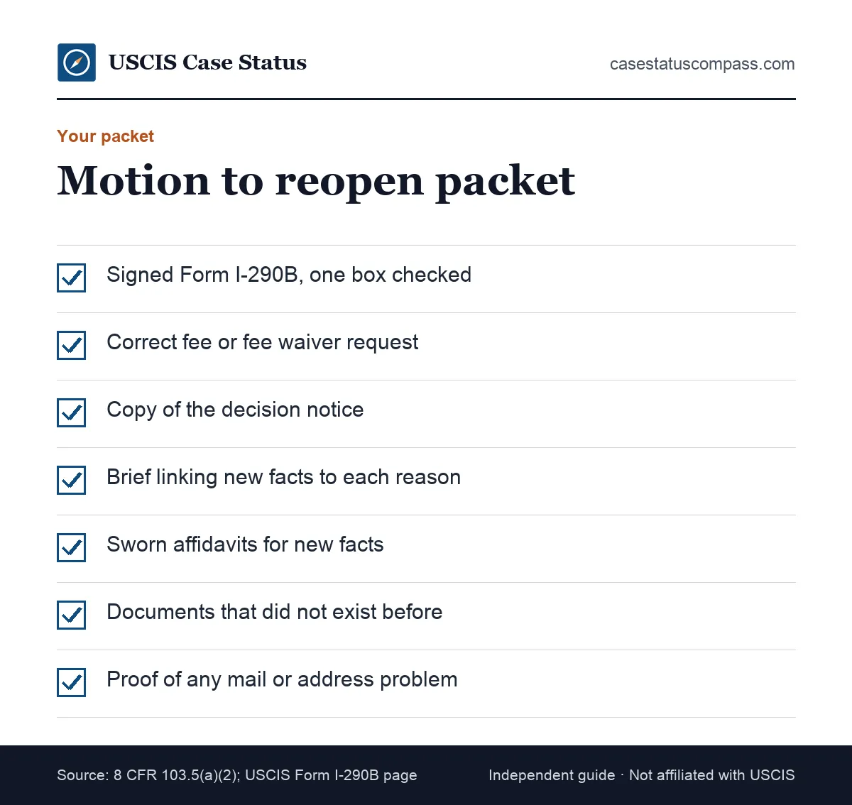 Evidence checklist for a motion to reopen packet, including the denial notice copy, affidavits, new documents, a brief and proof of timely filing