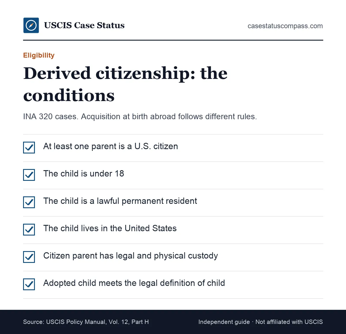 Checklist of the conditions behind an N-600 form claim for derived citizenship: citizen parent, under 18, green card, U.S. residence and custody