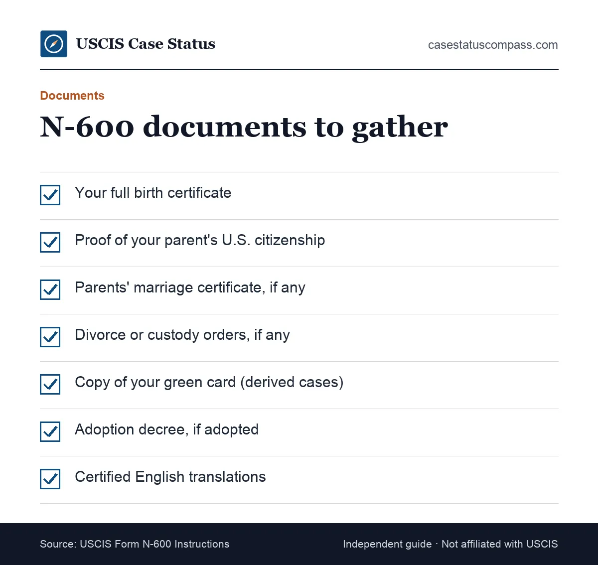 Copyable N-600 form documents checklist: birth certificate, parent citizenship proof, marriage records, custody papers and green card copy