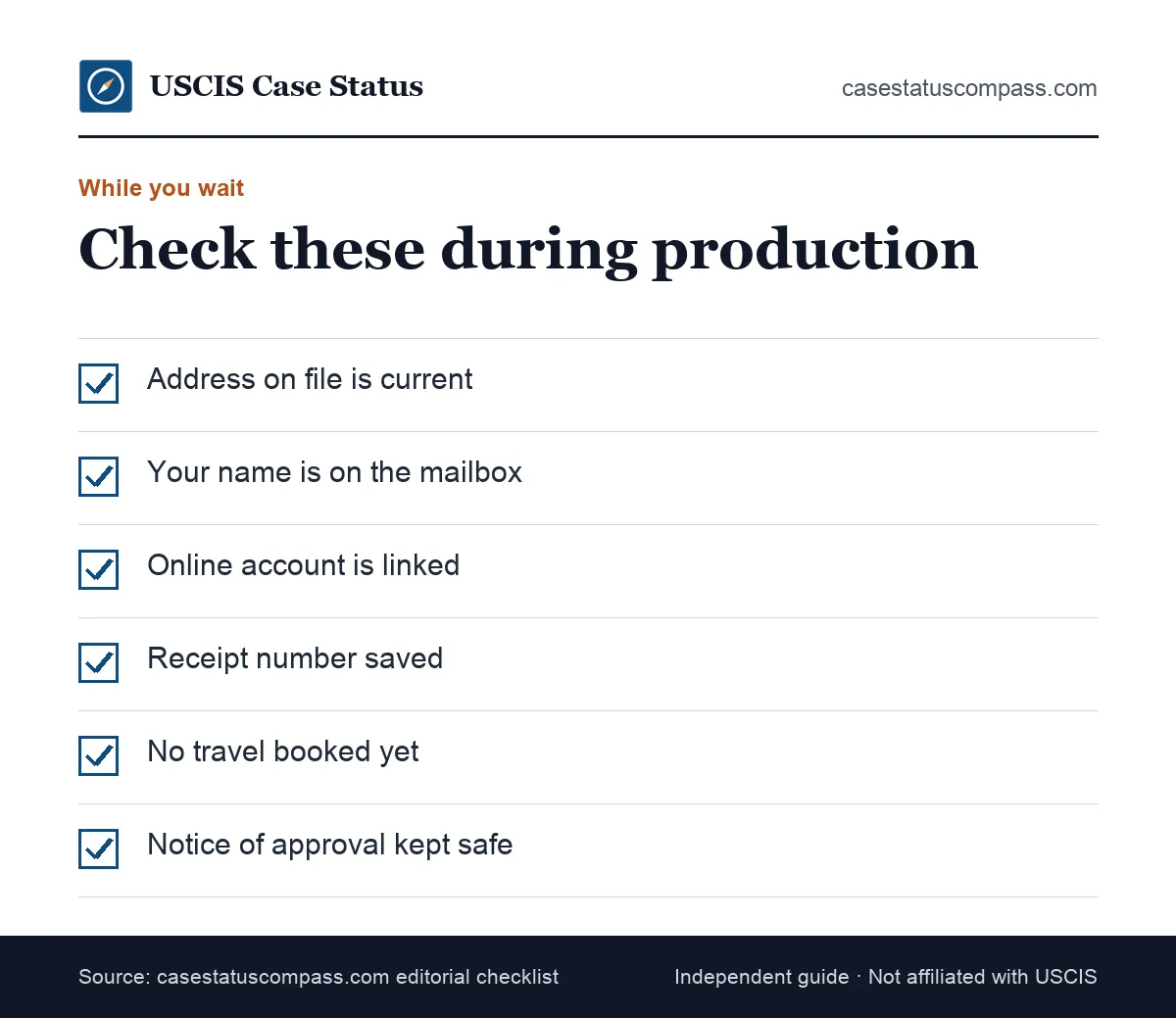Checklist of what to do while your new card is being produced: confirm address, mailbox name, account alerts and saved receipt number