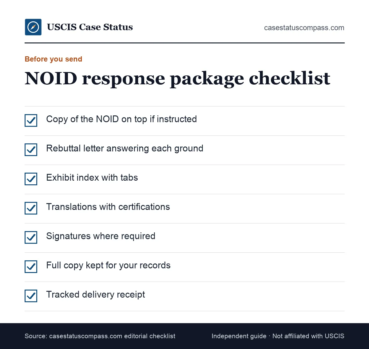 Printable checklist for a notice of intent to deny response package, including the NOID copy, rebuttal letter, indexed exhibits and proof of mailing