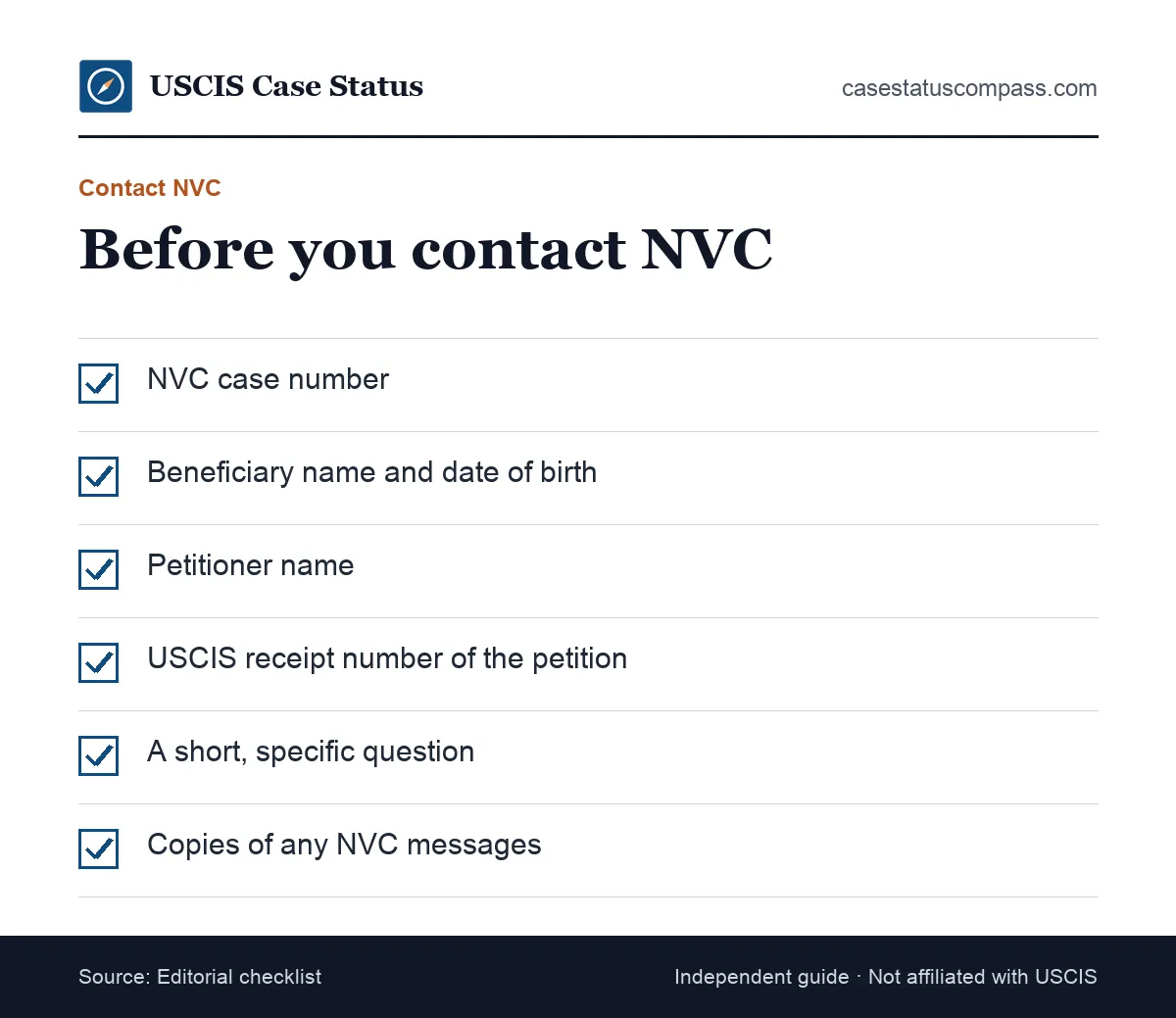Checklist of details to have ready before contacting the National Visa Center about an NVC case, including case number and petitioner details