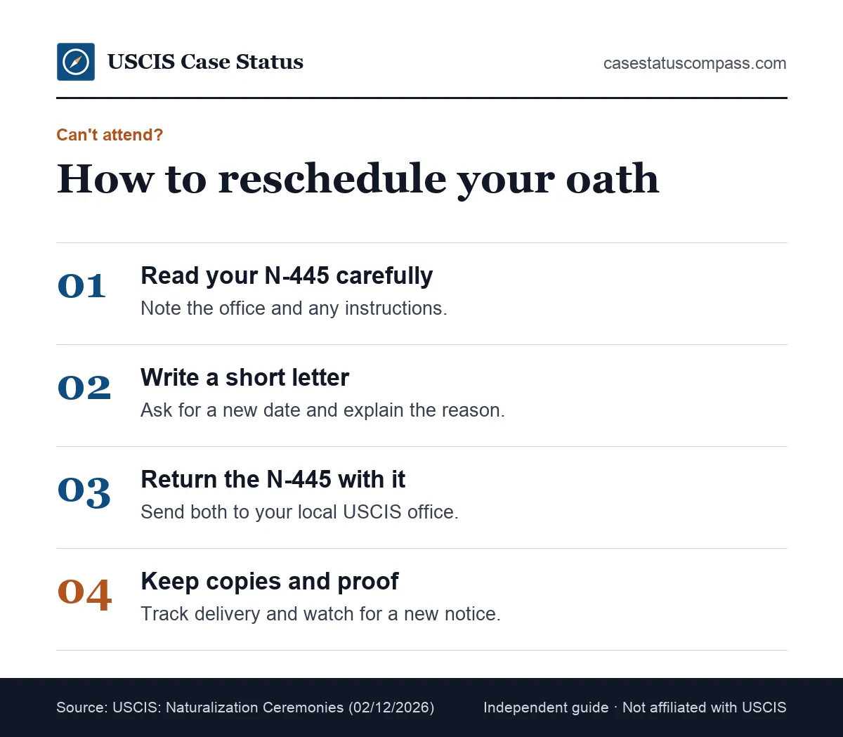 Steps to reschedule a naturalization oath ceremony by returning Form N-445 with a letter that explains why you cannot attend