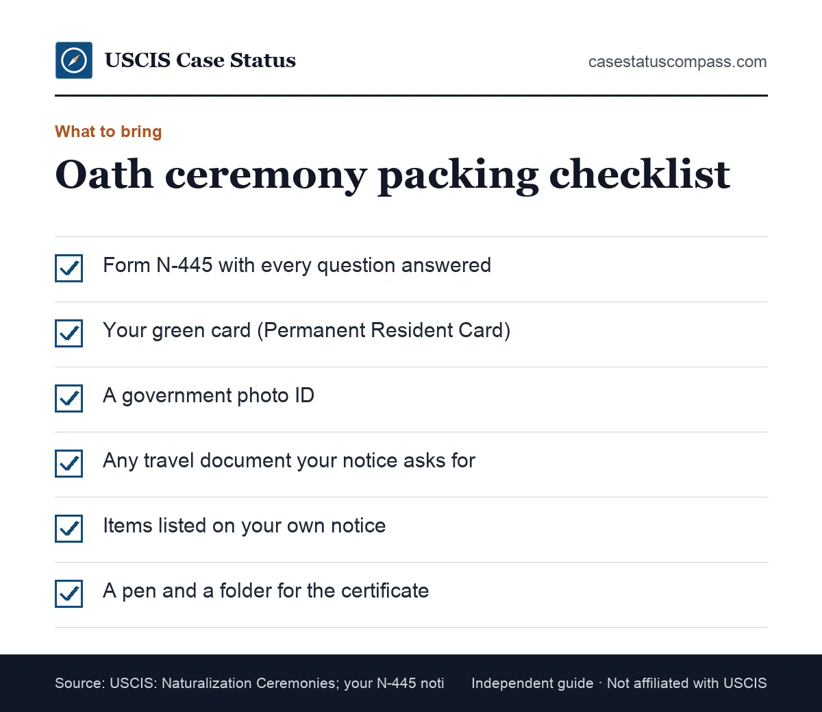 Printable checklist of what to bring to a naturalization oath ceremony, including Form N-445, the green card and a photo ID