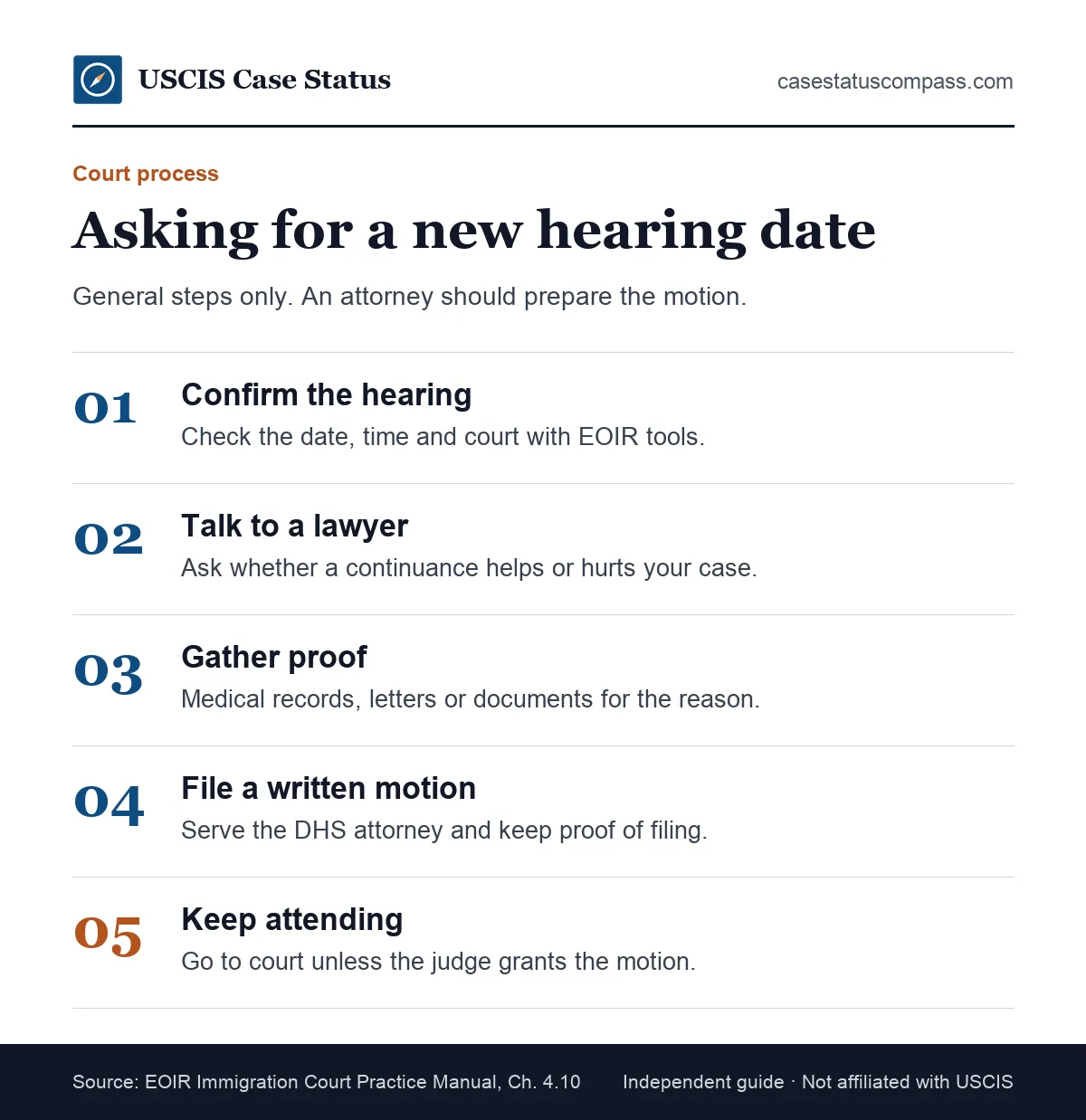 Five steps for postponing an asylum hearing in immigration court: confirm the date, call a lawyer, gather proof, file the motion, keep attending