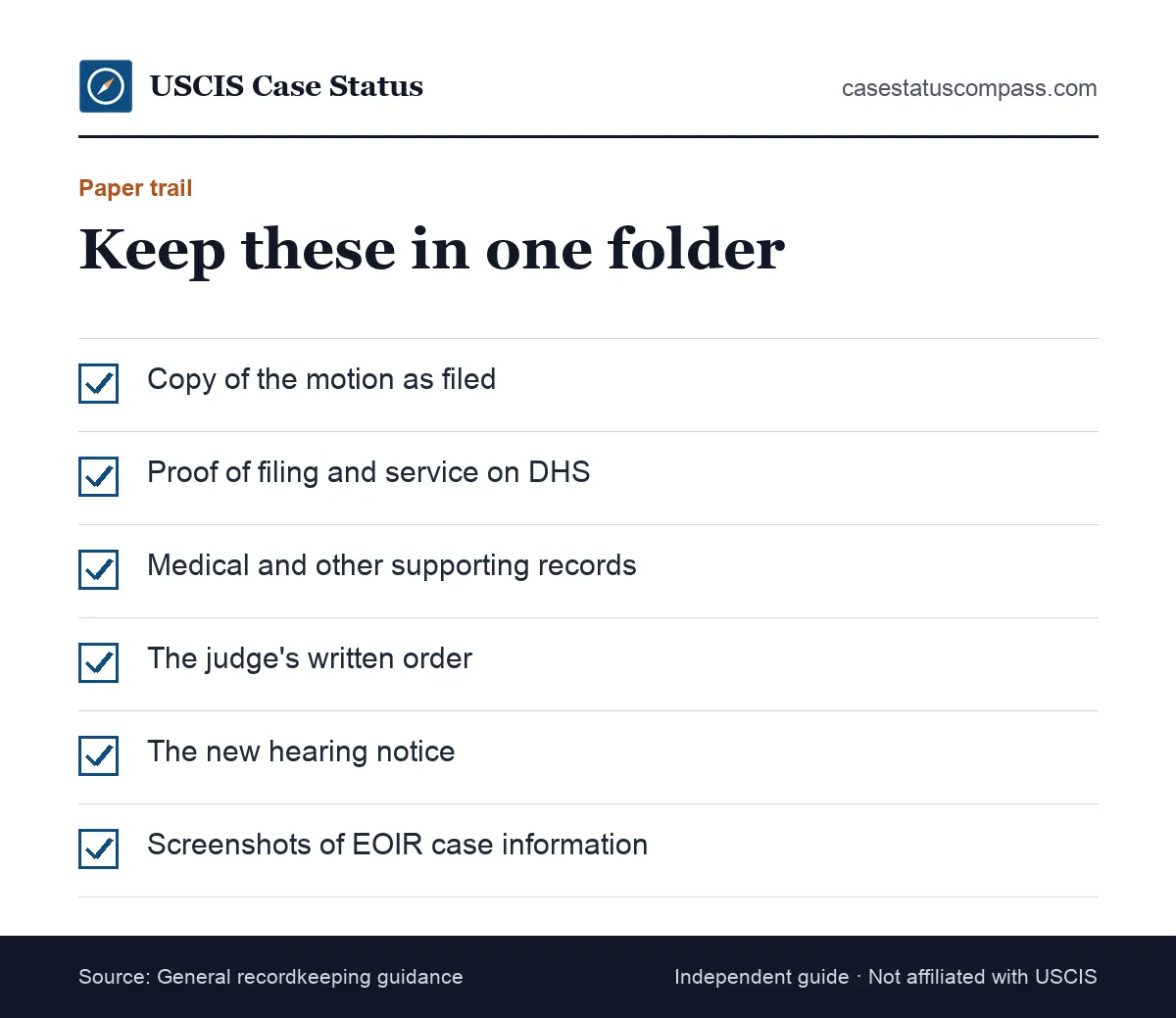 Checklist of records to keep after postponing an asylum hearing, including the motion, proof of service, the judge's order and the new hearing notice