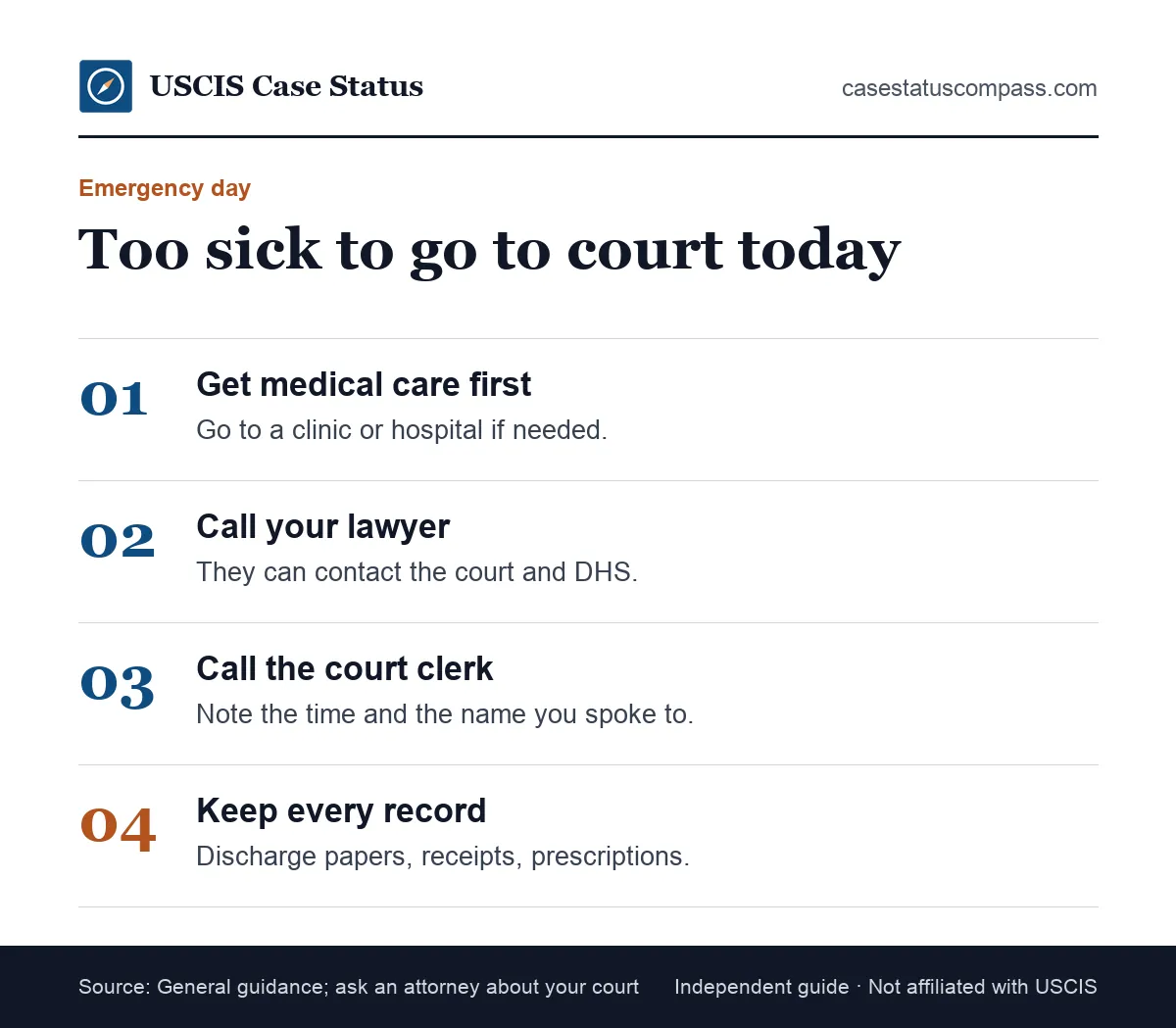 Steps to take if you become sick on the day of an asylum hearing: call your lawyer, call the court, get treated and keep same-day medical records