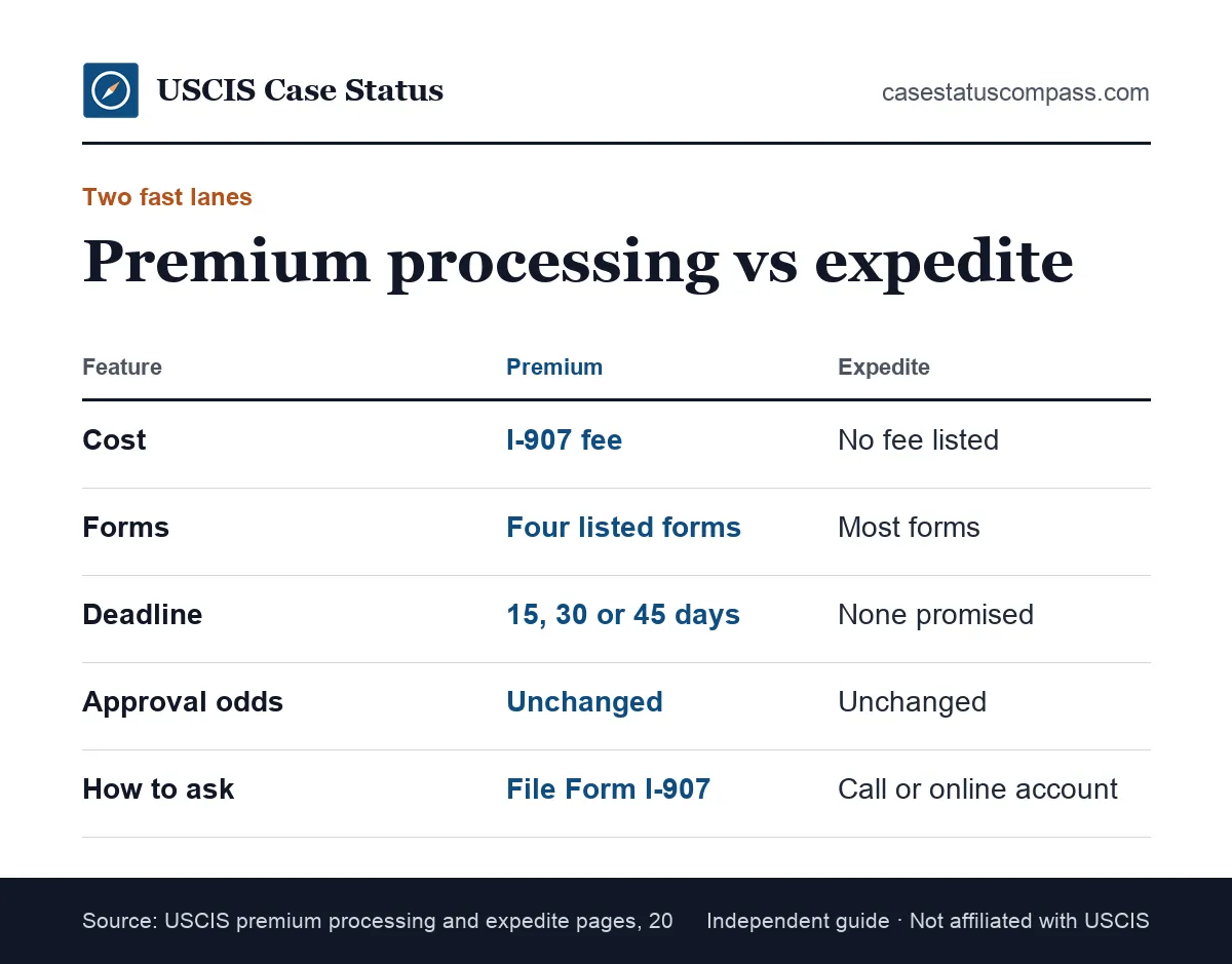Comparison of premium processing and asking USCIS to expedite a case, showing cost, which forms qualify, whether speed is guaranteed and how to ask