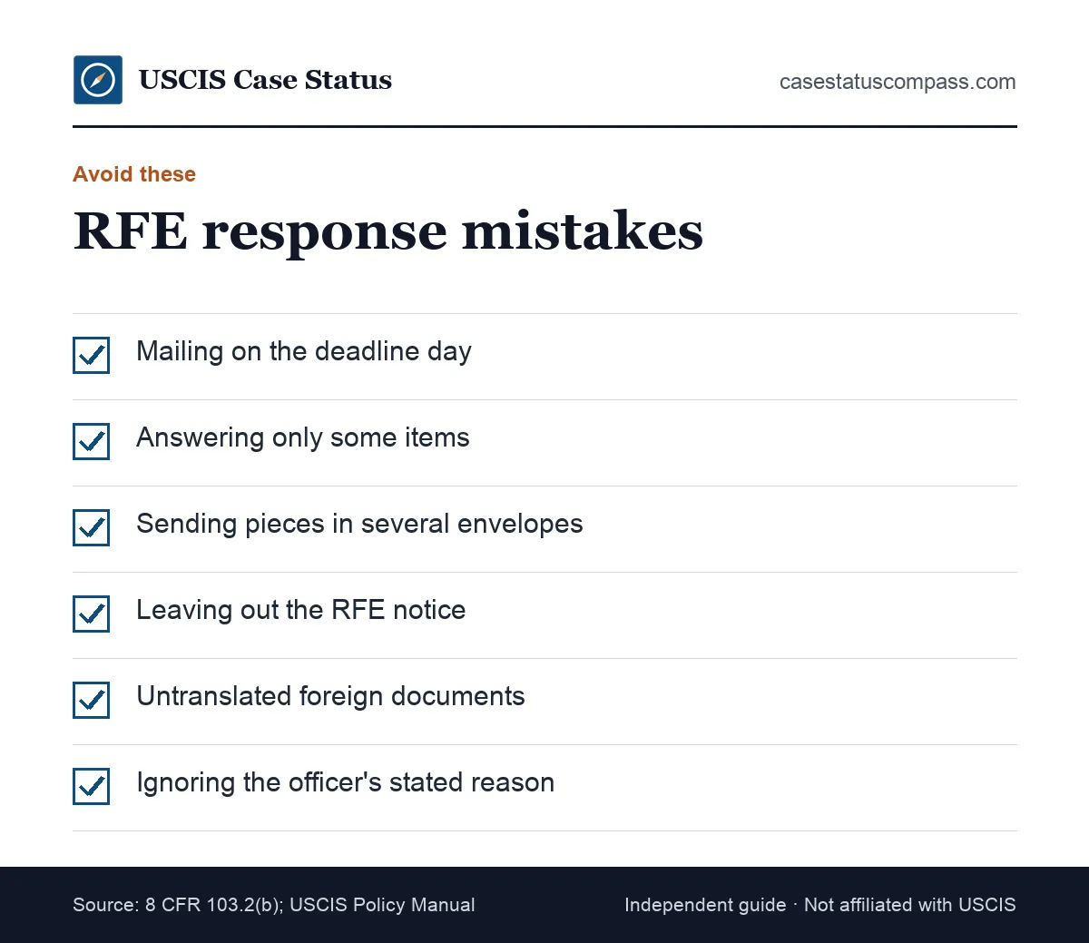 Mistakes to avoid in an RFE response for immigration cases, such as late delivery, partial answers, missing translations and no copy of the notice