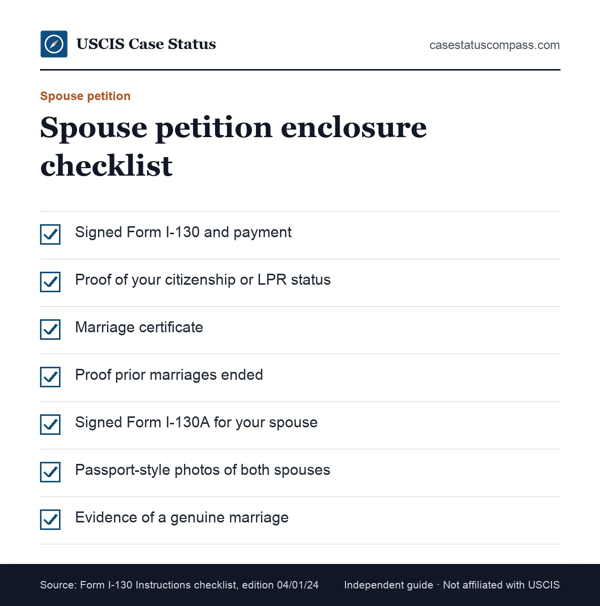 Checklist of items a sample I-130 cover letter for a spouse petition should list, from the signed form and I-130A to photos and good-faith marriage evidence