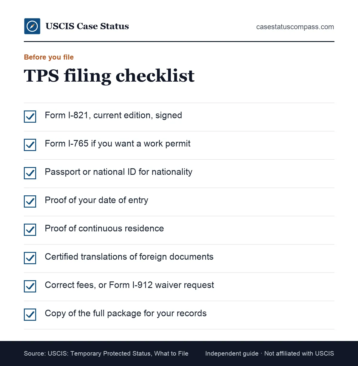 Checklist for a TPS filing package: current Form I-821 edition, Form I-765, identity and nationality proof, entry and residence evidence