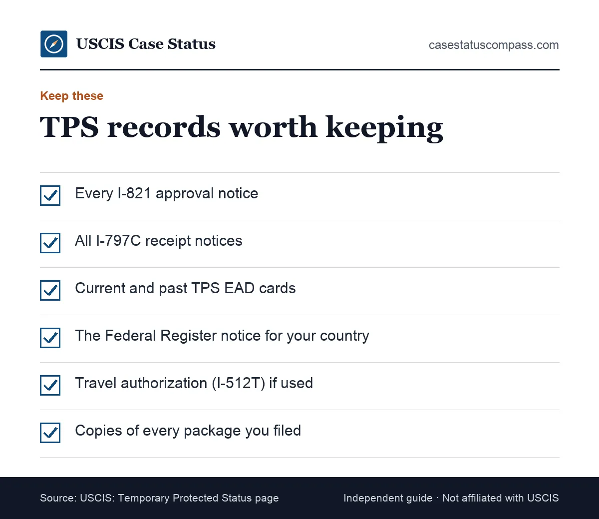 Checklist of records to keep after a TPS status decision: approval notice, I-797C receipts, EAD card, Federal Register notice and travel papers