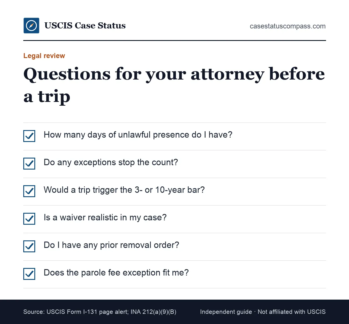 Checklist of questions to ask an immigration attorney before you travel with pending I-485 paperwork after the Delcarmen-Lara decision