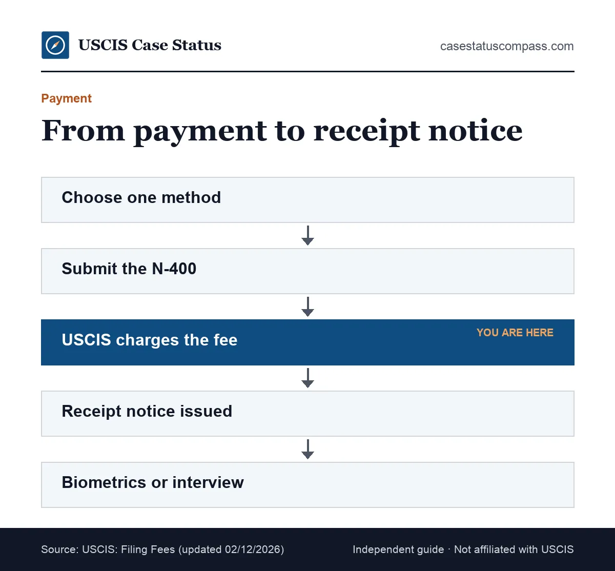 Flow showing how the fee to file citizenship is paid and processed, from choosing a method to the receipt notice arriving
