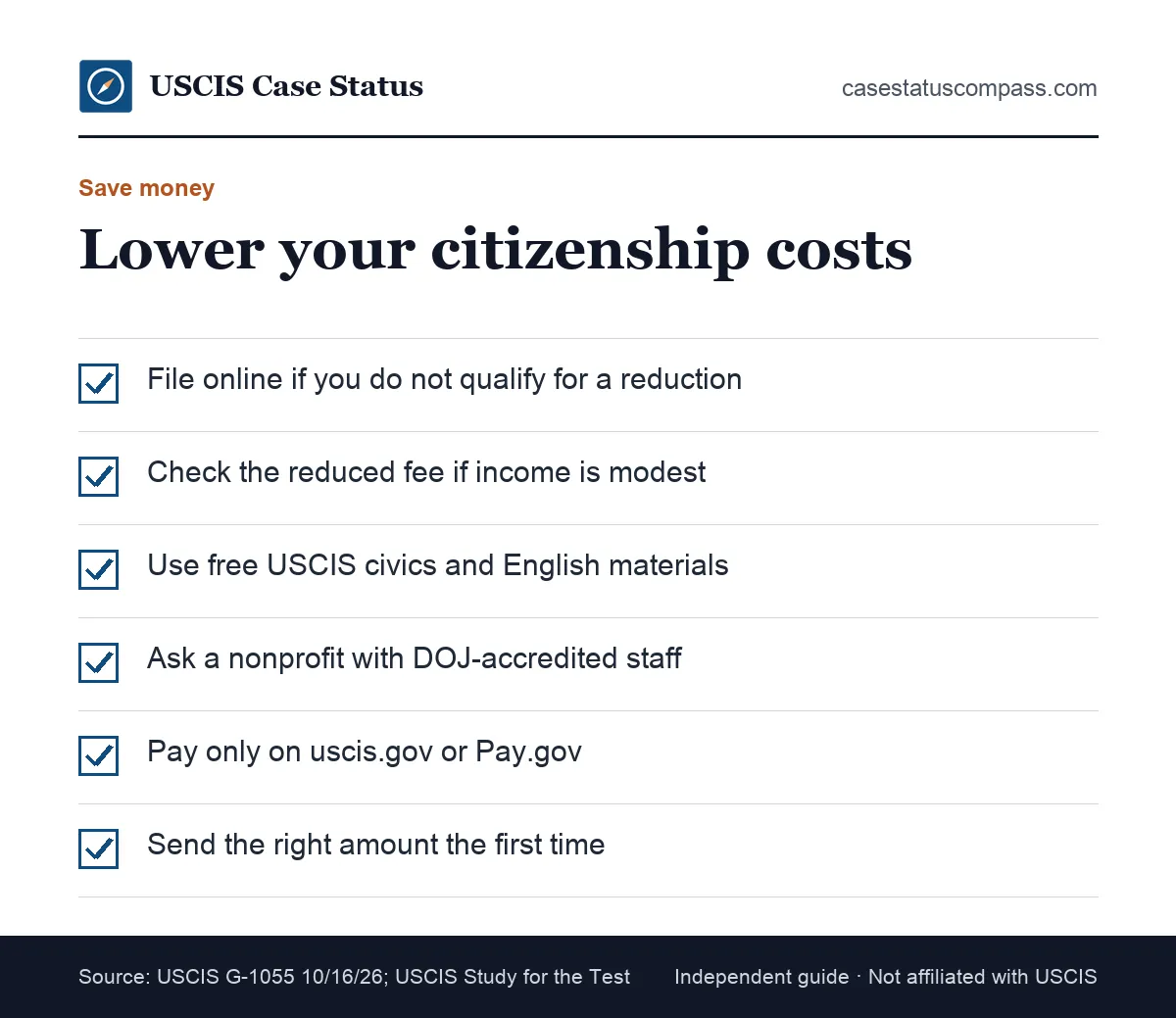 Checklist of legal ways to lower the cost of US citizenship, including online filing, reduced fees and free USCIS study tools
