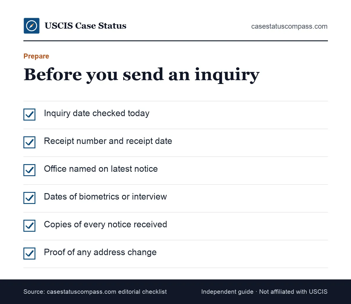 Checklist to prepare an outside normal processing time inquiry when a pending USCIS case status has not updated for months