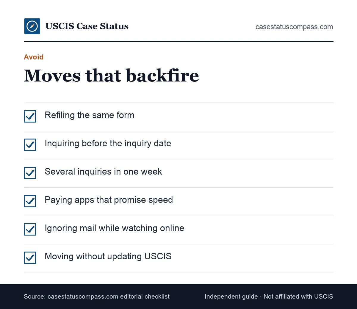 Mistakes that slow a pending USCIS case that is not updating, such as refiling, sending duplicate inquiries or paying for status apps