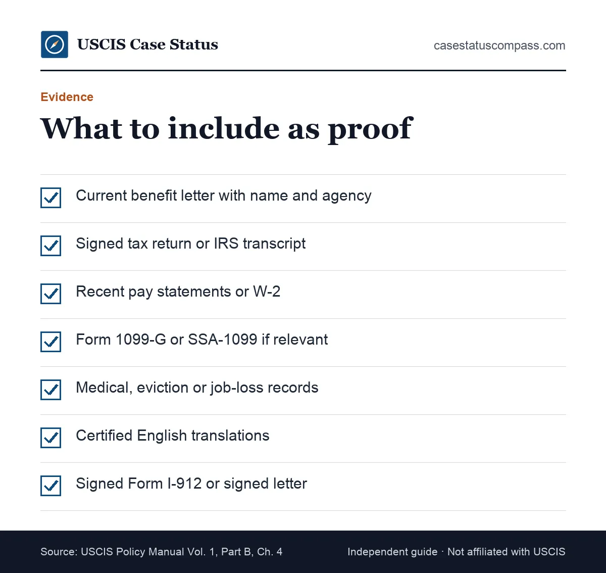 Evidence checklist for a USCIS fee waiver request, listing benefit letters, tax transcripts, pay stubs, bills and English translations