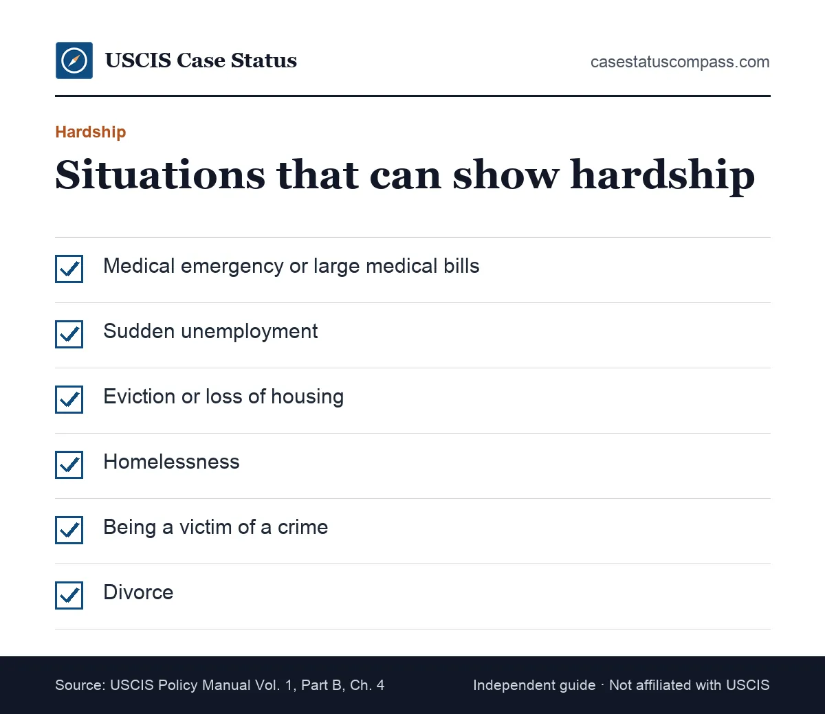 Examples of financial hardship for a USCIS fee waiver, such as a medical emergency, job loss, eviction or homelessness in the past year