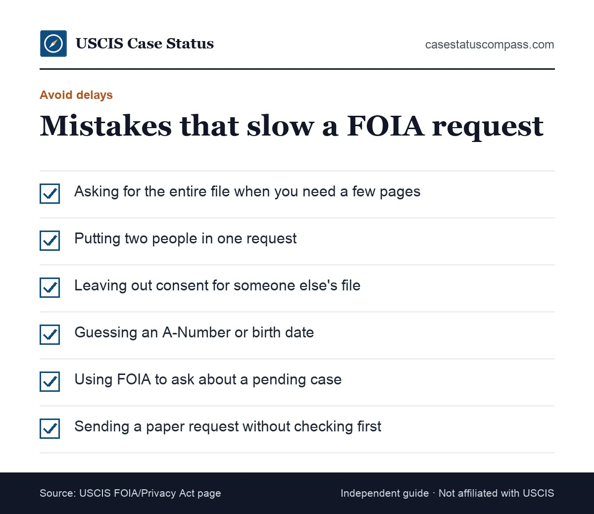Checklist of common mistakes that slow down a USCIS FOIA request, such as asking for a whole file, listing two people or using FOIA for case status