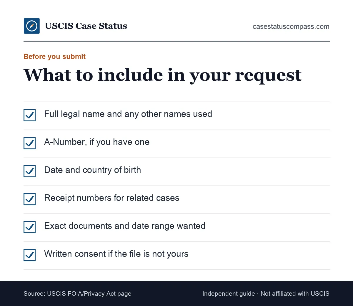 Checklist of the details to include in a USCIS FOIA request for an A-file, such as full name, A-Number, date of birth and the exact documents wanted