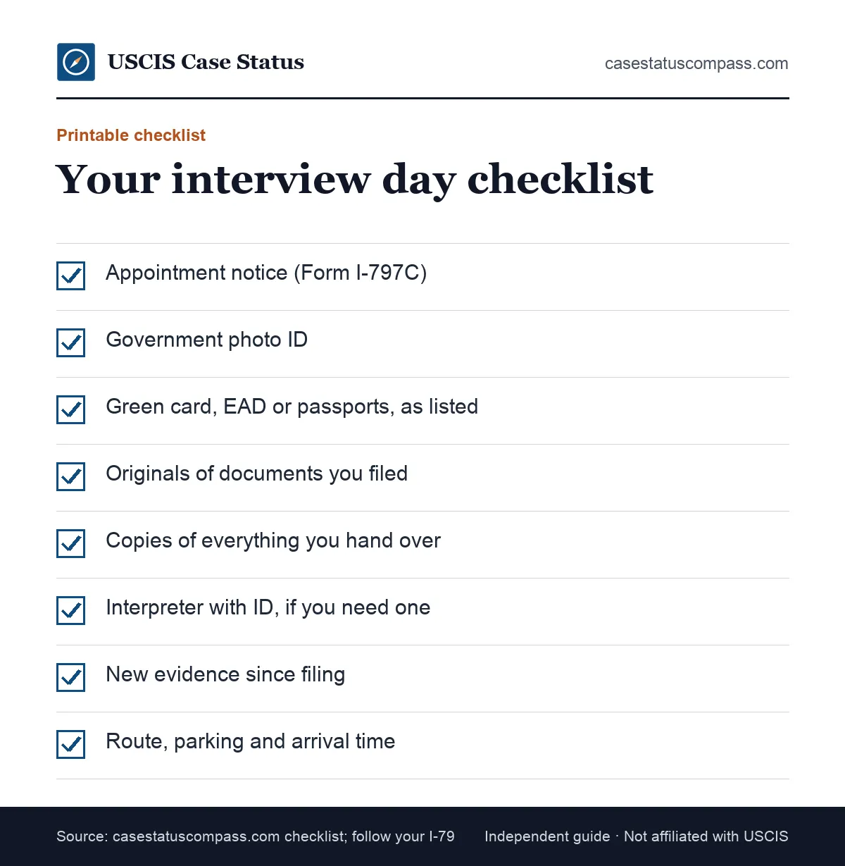 Printable USCIS interview day checklist: appointment notice, photo ID, passports, original documents, copies, interpreter and arrival plan