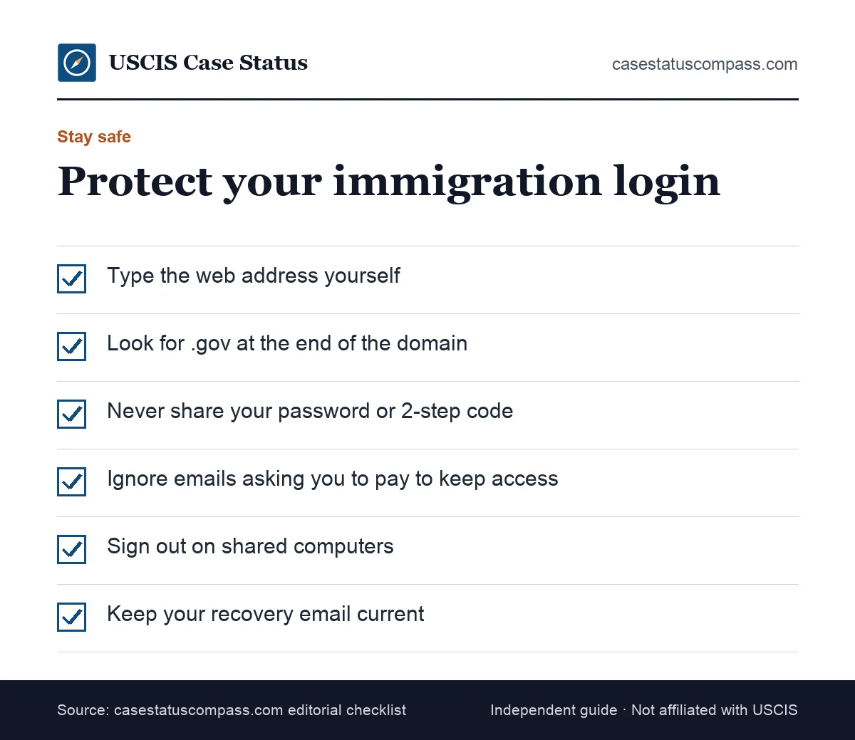 Safety checklist for protecting your USCIS online account login from phishing, fake immigration login pages and people asking for your password