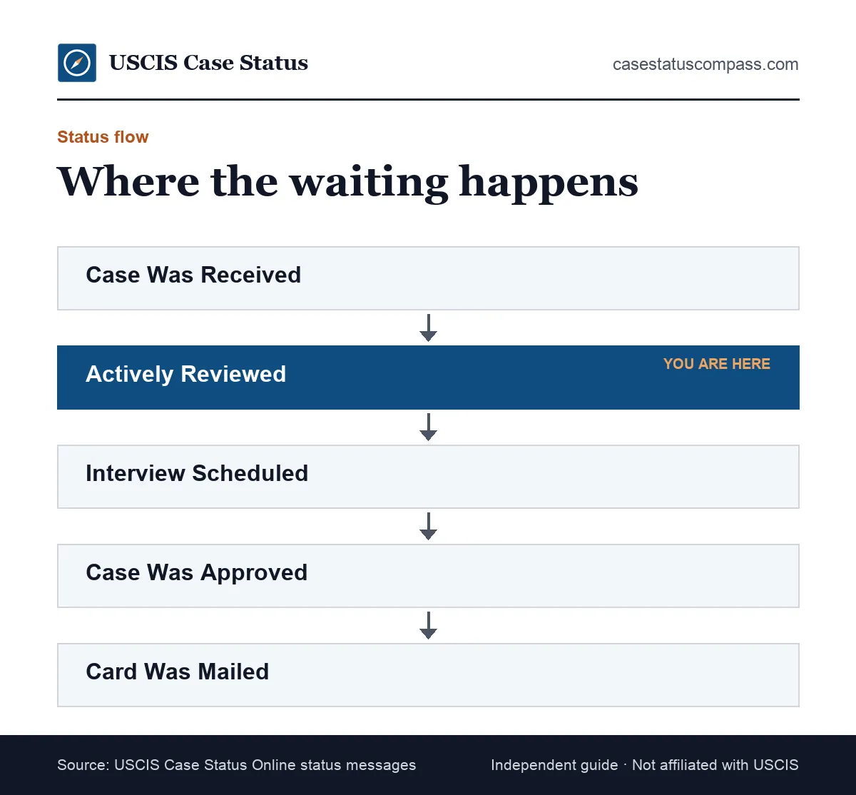 Flow of common status updates from the receipt notice to the mailed card, showing the long middle stretch where most USCIS processing times are spent