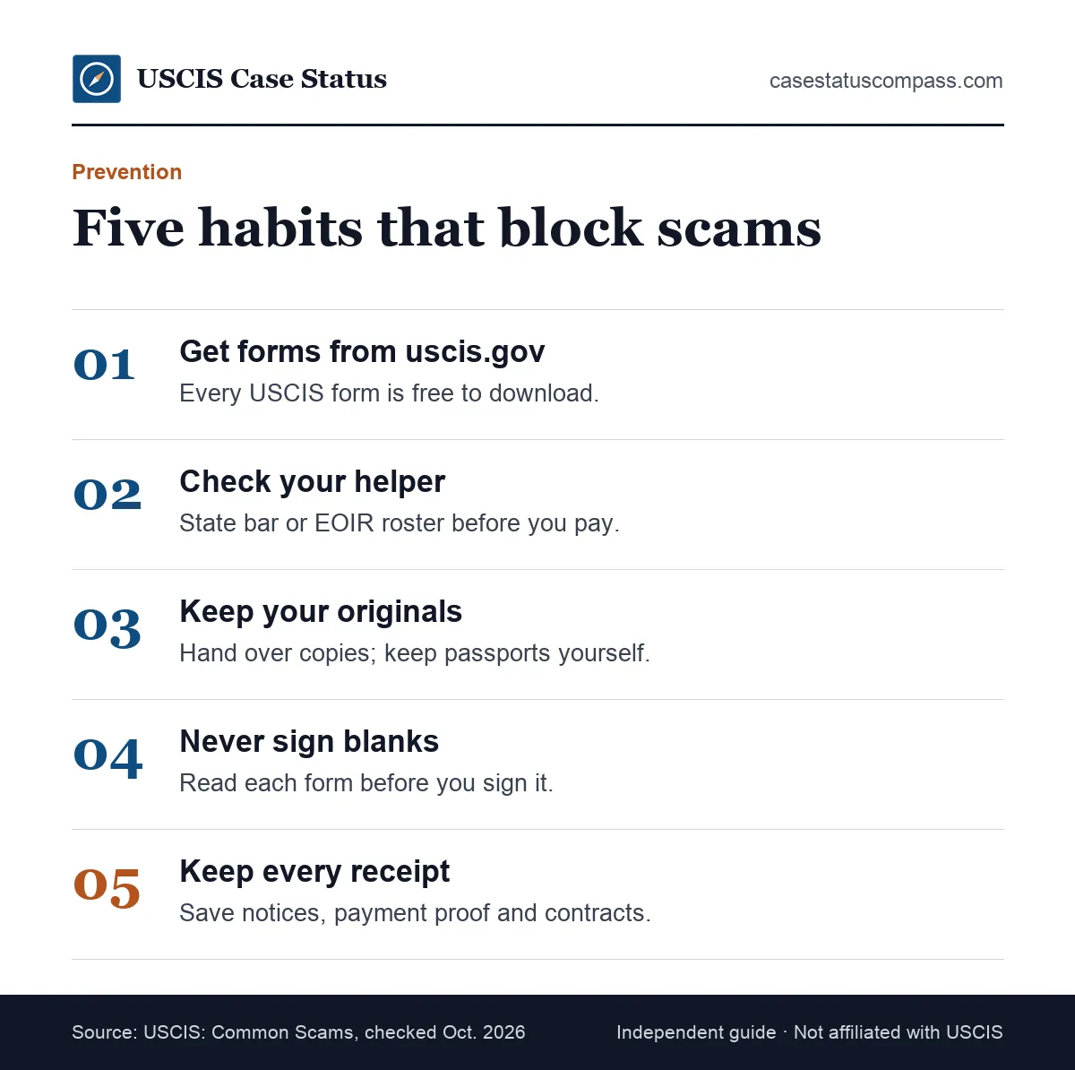 Five habits that protect you from a USCIS scam before you file: free forms from uscis.gov, a verified helper, kept originals and saved receipts
