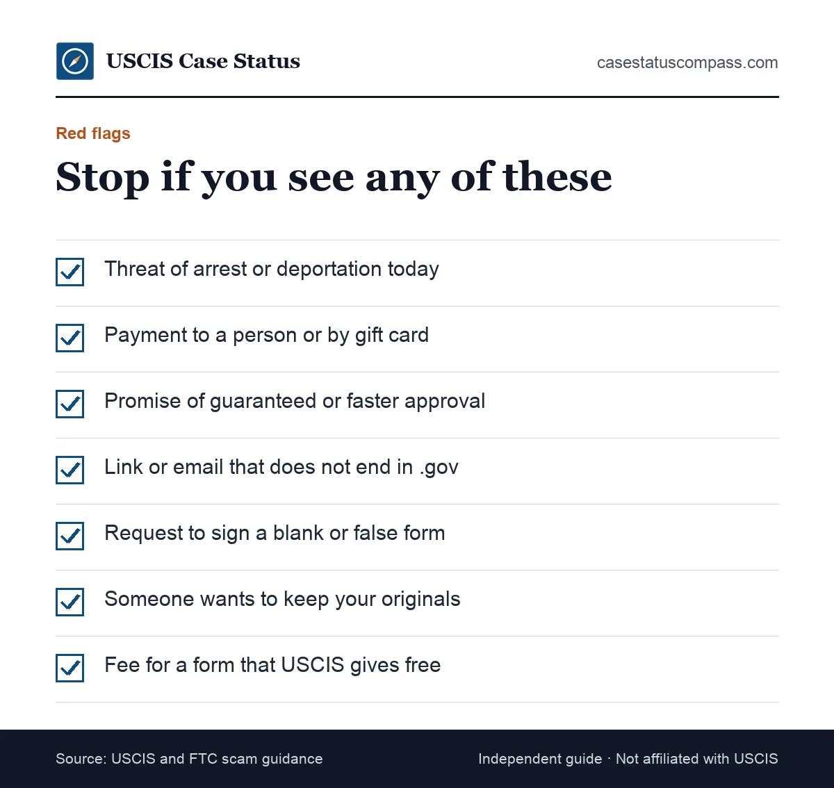 Quick red-flag checklist for any USCIS scam: urgent threats, secret payments, guaranteed approval, non-.gov links and requests to sign blank forms