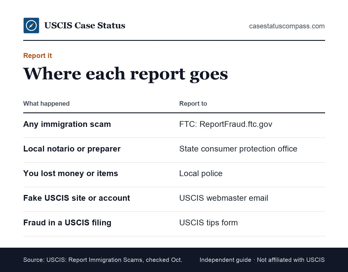 Map of where to report a USCIS scam: FTC for any scam, state consumer office for local fraud, police for losses, USCIS webmaster for fake sites