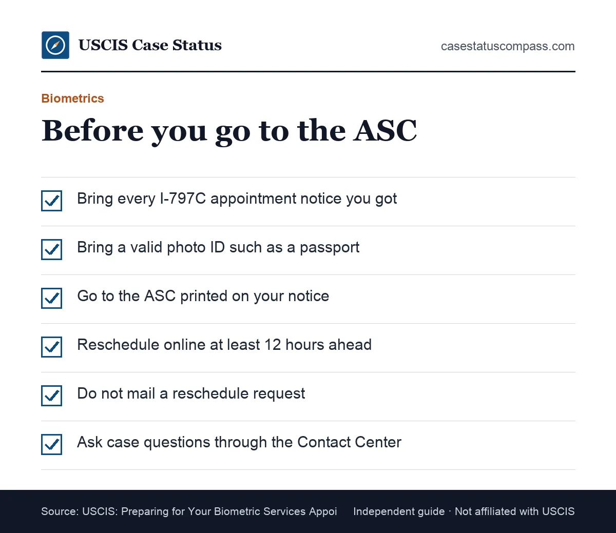 Checklist for an Application Support Center biometrics visit linked to a USCIS service center case, listing the notice, photo ID and timing