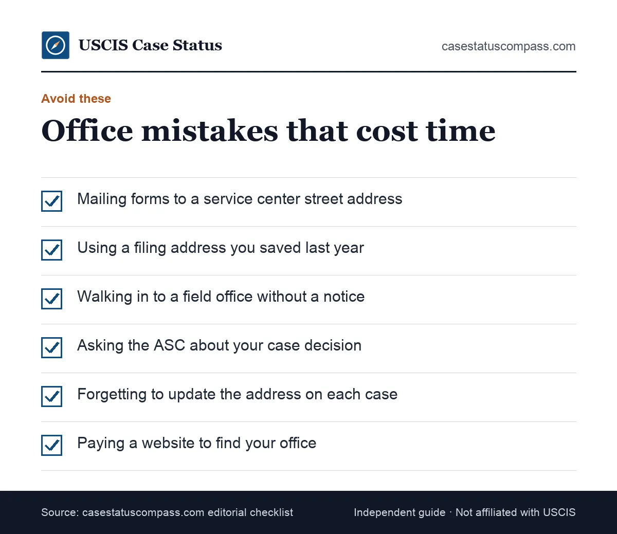 Checklist of mistakes to avoid with USCIS service centers and field offices, including walk-in visits, old addresses and paid office finders