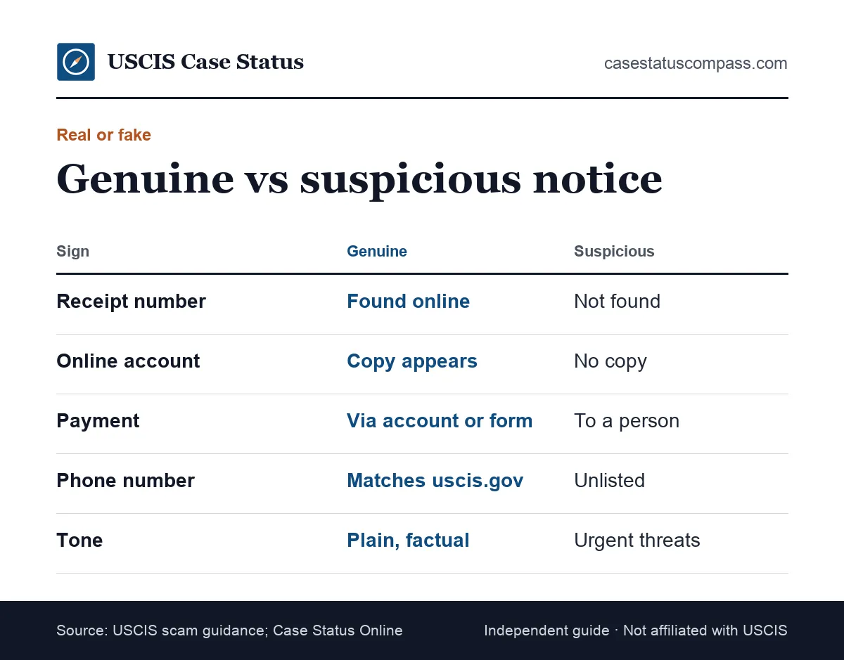 Side-by-side comparison of a genuine USCIS notice and a suspicious one, covering receipt number lookup, payment requests, contact details and tone