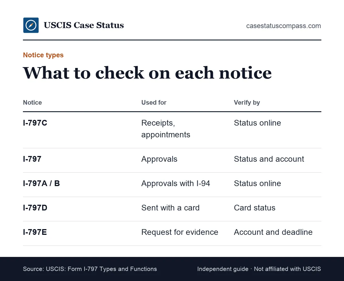 Table of USCIS notice types such as I-797C receipts, I-797 approvals and I-797E evidence requests, with the main detail to verify on each one