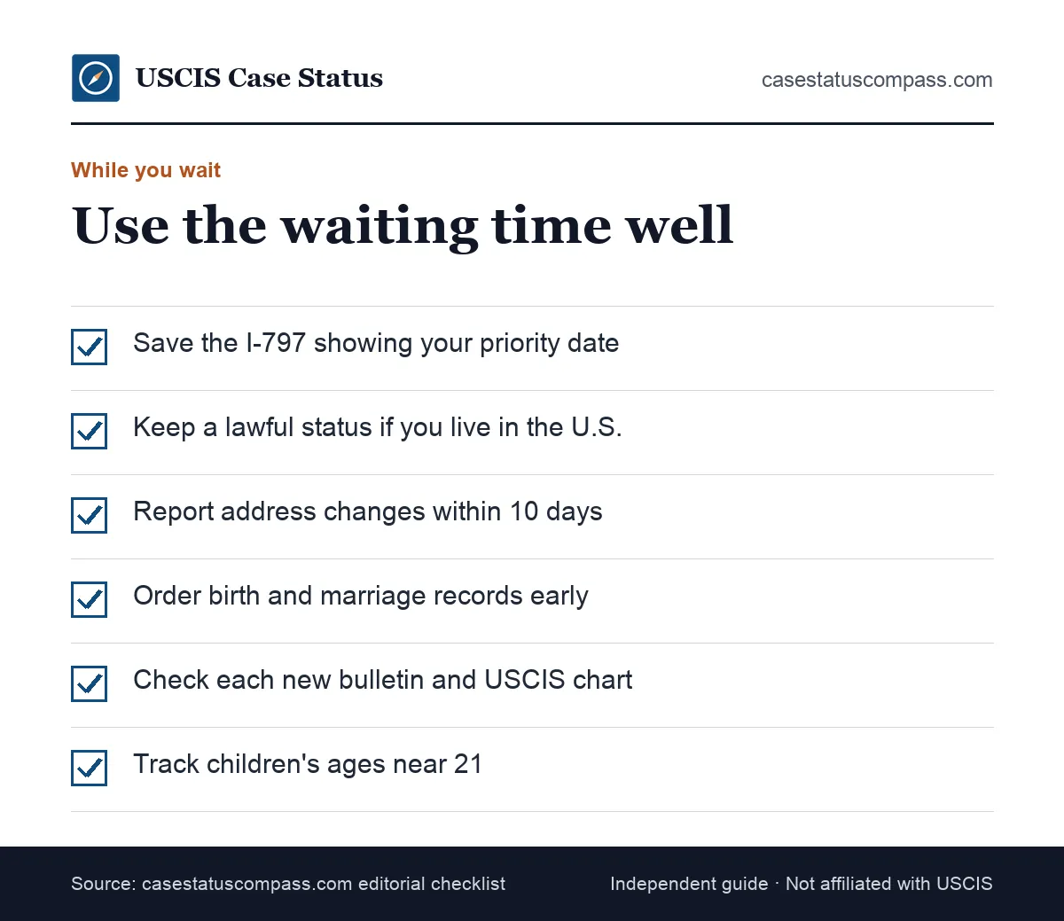 Checklist of what to do while your visa bulletin priority date is not current: keep status, update your address and prepare civil documents
