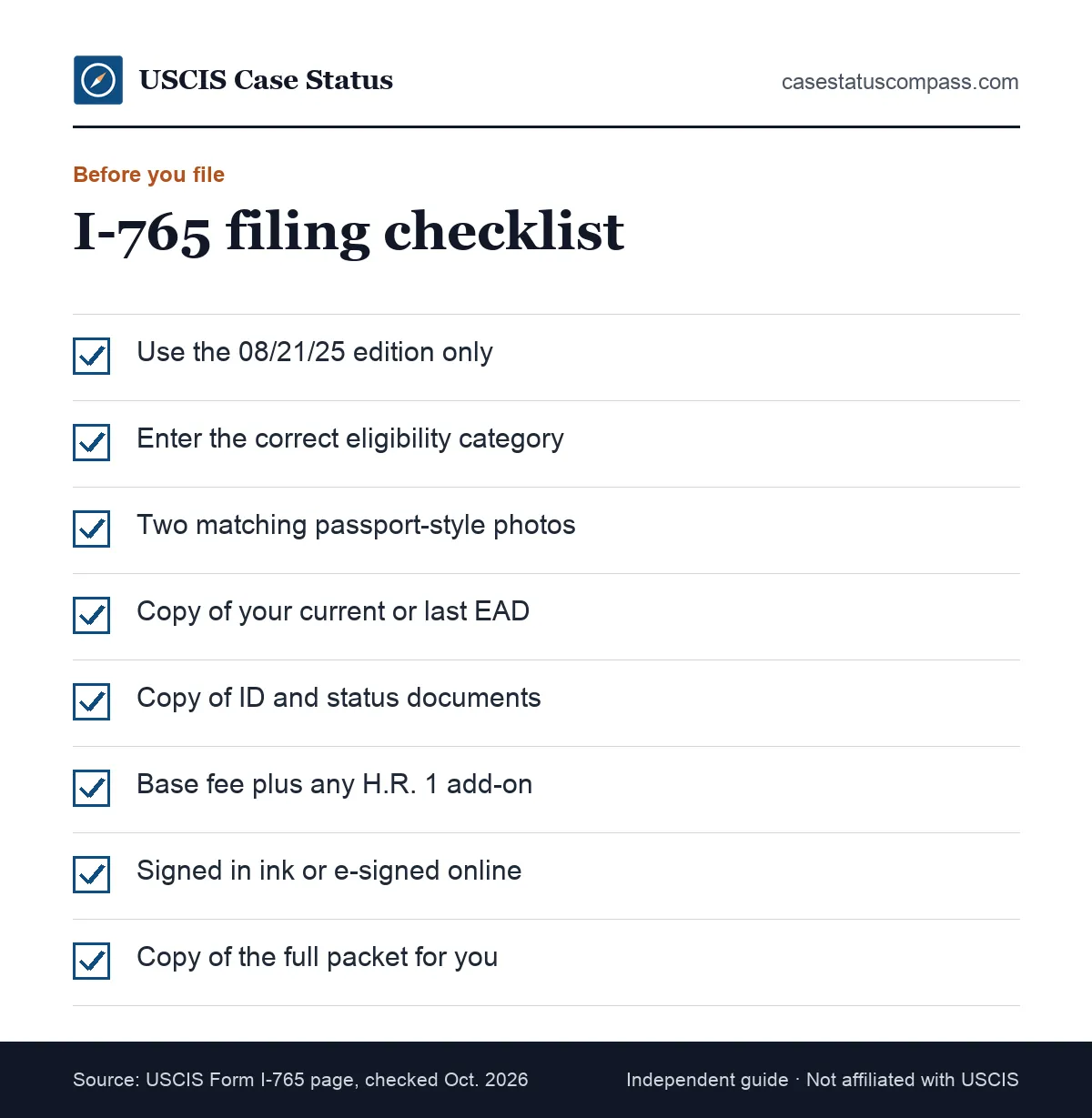 Filing checklist for a Form I-765 work permit application covering the accepted edition, category code, photos, ID copies, fee and signature
