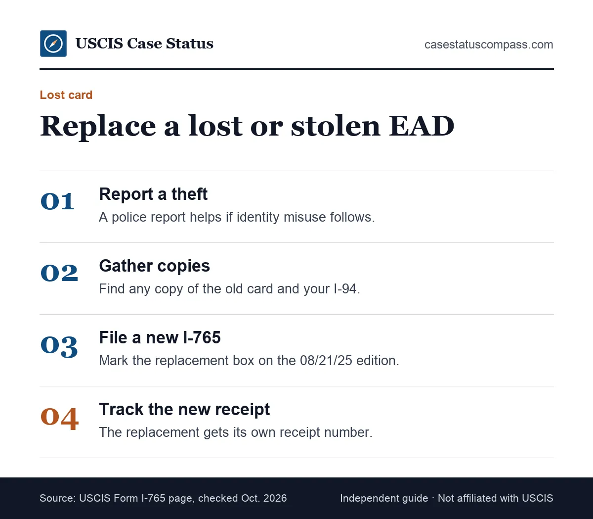 Steps to replace a lost or stolen employment authorization card: report theft, gather ID, file a new I-765 replacement and track the case