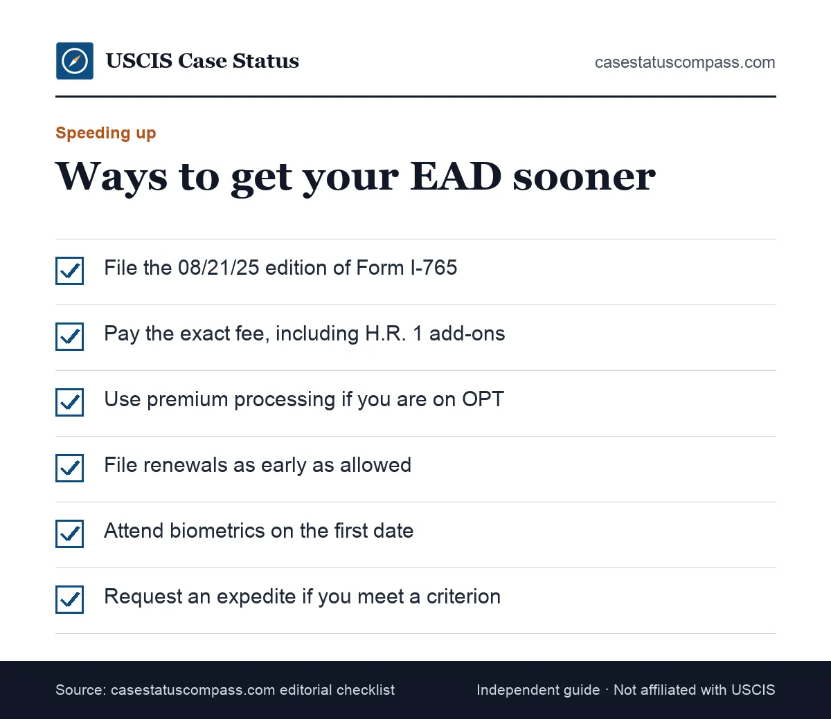 Checklist of legal ways of speeding up an EAD, from filing the right edition and paying the right fee to the premium option for OPT and expedites